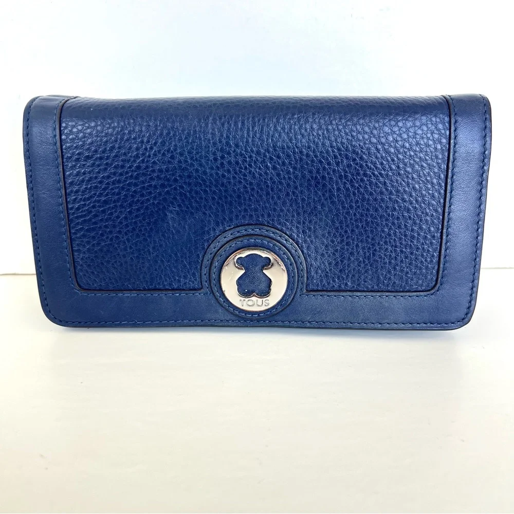 TOUS Navy Pebbled Genuine Leather Silver Bear Tous Logo Scarf and Flap Wallet